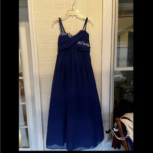 Girls Navy Blue Formal Spaghetti-Strap Dress with Beaded Waist